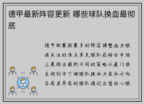 德甲最新阵容更新 哪些球队换血最彻底