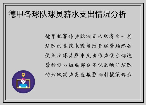 德甲各球队球员薪水支出情况分析