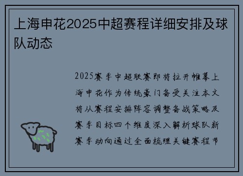 上海申花2025中超赛程详细安排及球队动态